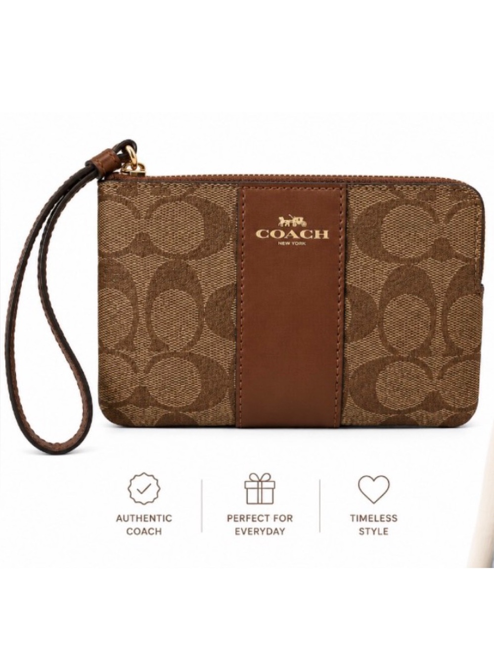 Coach Authentic Brown Signature Leather Canvas Wristlet